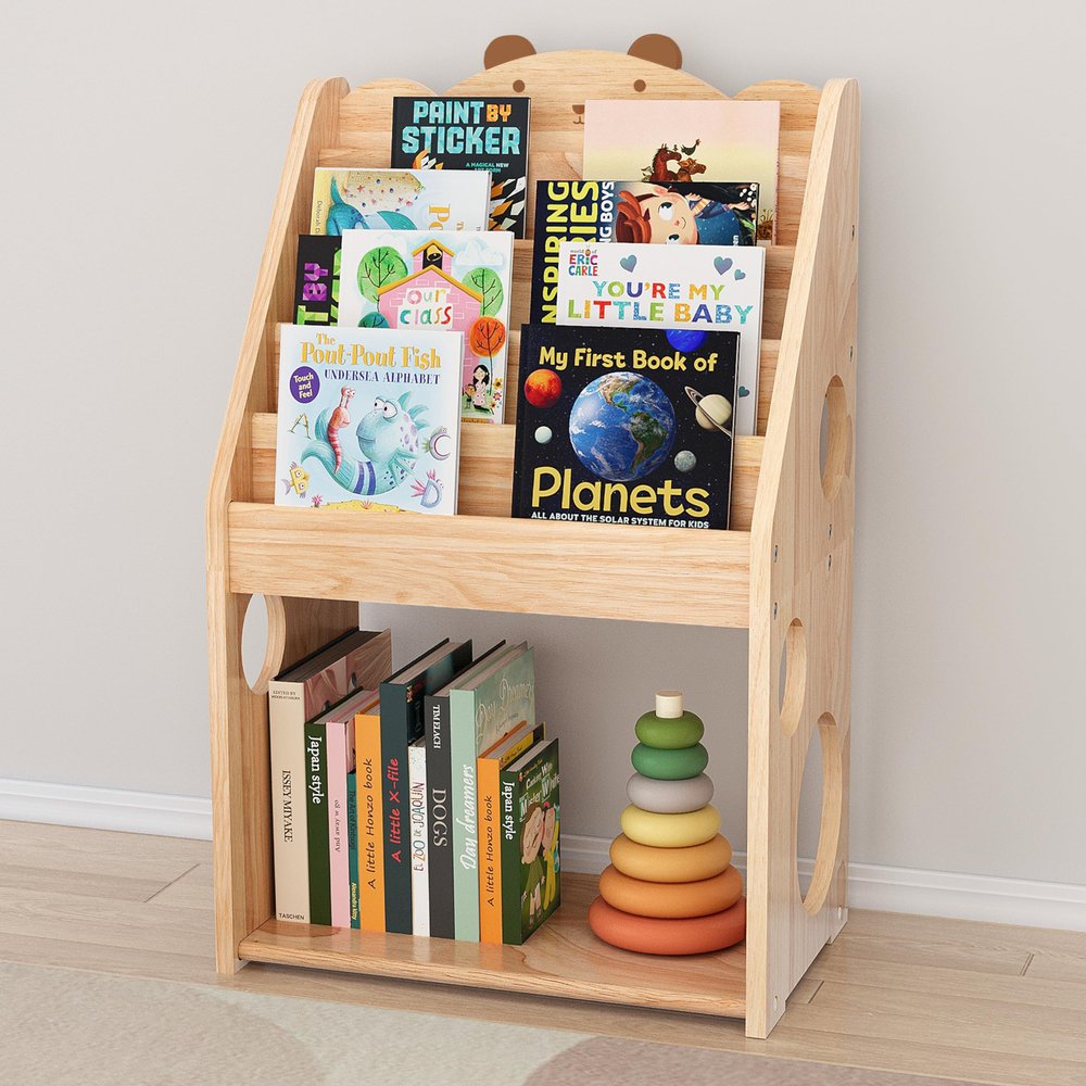 Woodtoe 5 Tier Montessori Bookshelf with Toy Storage, Large Toddler Bookshelf with Chalkboard, Baby Bookcase Book Display Shelve for Kids Bedroom, Nursery, Classroom, Kids Furniture for Boys Girls 1+