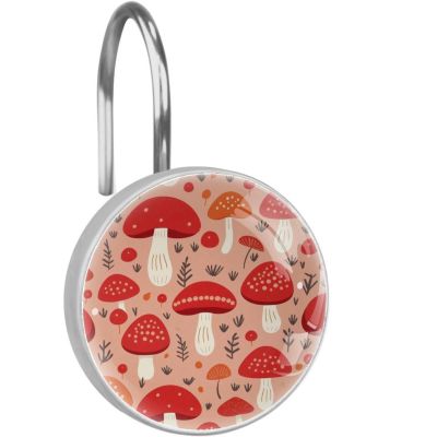 Decorative Stainless Steel Shower Hooks, 12 Pack of Crystal Glass Accents for Room and Bedroom Curtain Rods, Red Mushroom Pattern
