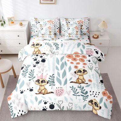 Erosebridal Meerkat Kids Comforter Set Queen 7 Piece Cartoon Animal Print Bed in a Bag Cute Love Heart Room Decor,Green Leaf Pink Floral Bedding Set with Fitted Sheet,Flat Sheet,Pillow Cases & Covers