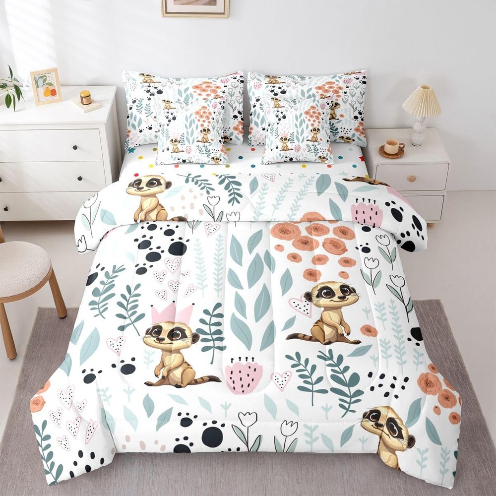 Erosebridal Meerkat Kids Comforter Set Queen 7 Piece Cartoon Animal Print Bed in a Bag Cute Love Heart Room Decor,Green Leaf Pink Floral Bedding Set with Fitted Sheet,Flat Sheet,Pillow Cases & Covers