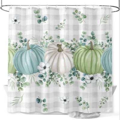 Fall Thanksgiving Shower Curtain, Autumn Pumpkins Eucalyptus Leaves Shower Curtains Set with Hooks, White Blue Green Gray Plaid Waterproof Fabric Bathroom Curtains Decor Accessories,Stall 36 X 72 Inch