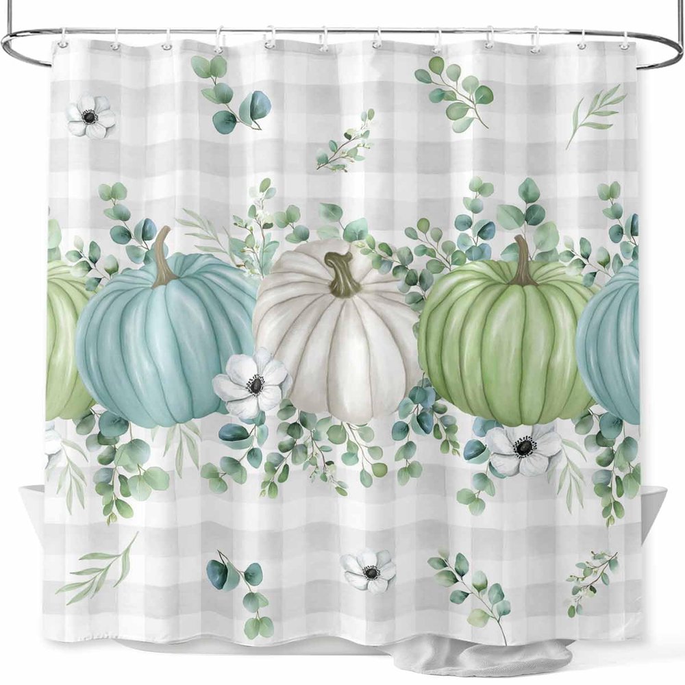 Fall Thanksgiving Shower Curtain, Autumn Pumpkins Eucalyptus Leaves Shower Curtains Set with Hooks, White Blue Green Gray Plaid Waterproof Fabric Bathroom Curtains Decor Accessories,Stall 36 X 72 Inch