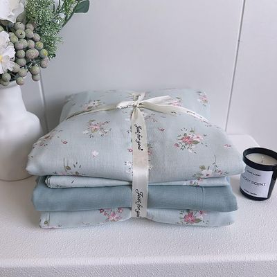 SRURLLUG 100% Cotton Duvet Cover Set, Soft Breathable Double Yarn Bedding Set 4 Pieces, Plants Flowers Home Decor Linen Like Bed Sheets Set, All Seasons with Zipper Closure,Blue,Twin XL