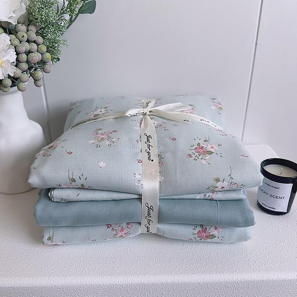 SRURLLUG 100% Cotton Duvet Cover Set, Soft Breathable Double Yarn Bedding Set 4 Pieces, Plants Flowers Home Decor Linen Like Bed Sheets Set, All Seasons with Zipper Closure,Blue,Twin XL