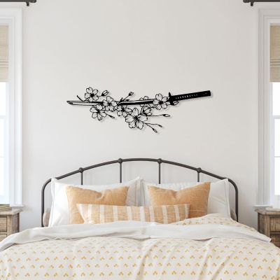 Flowers and Katana Metal Wall Art, Japanese Wall Art, Katana Metal Wall Decor Art, Japanese Metal Wall Art, Game Room Wall Art, Gift for Japan Culture Lover, Wall Art for Living Room (Black, 59 x 22 in / 150 x 57 cm)