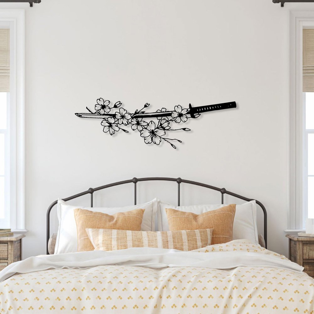 Flowers and Katana Metal Wall Art, Japanese Wall Art, Katana Metal Wall Decor Art, Japanese Metal Wall Art, Game Room Wall Art, Gift for Japan Culture Lover, Wall Art for Living Room (Black, 59 x 22 in / 150 x 57 cm)