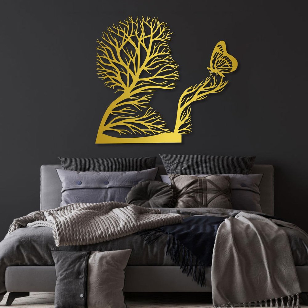 Abstract Face Metal Tree Wall Art, Woman Abstract Metal Wall Decor, Tree Metal Wall Art, Metal Butterfly Wall Decor, Wall Decor Living Room, Wall Decor for Bedroom (Gold, 41 x 37 in / 105 x 94 cm)