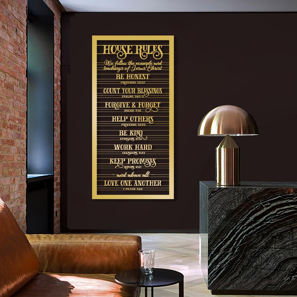 House Rules Metal Wall Art, Christian House Rules Wall Decor, Metal Bible Verse Sign, Inspirational Quotes Decor, Modern Artwork for Living Room, Religious Gifts (Gold, 59"x32"|150x81cm)