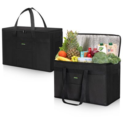 JUNGYOON 2 Pack Heavy-Duty Insulated Grocery Bags & Insulated Bag Collapsible Cooler Bag with Zippered Top (Black, (20''x10''x13''))