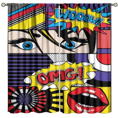 Art Blackout Window Curtain, Comic Book Inspired Style Wooow Omg Eyes Reading Panels Lines Excitement Action Print for Home Kitchen Livingroom Coffee Room Window Curtain 2Panel 52"W X 96"L