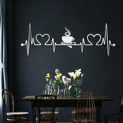LARNT Coffee Love Metal Wall Decor, Line Heartbeat Wall Art, Coffee Cups Metal Wall Art, Coffee Sign, Dining Room Wall Decor, Kitchen Wall Decor, Dining Table Wall Decor (Silver, 8"x24"|21x60cm)