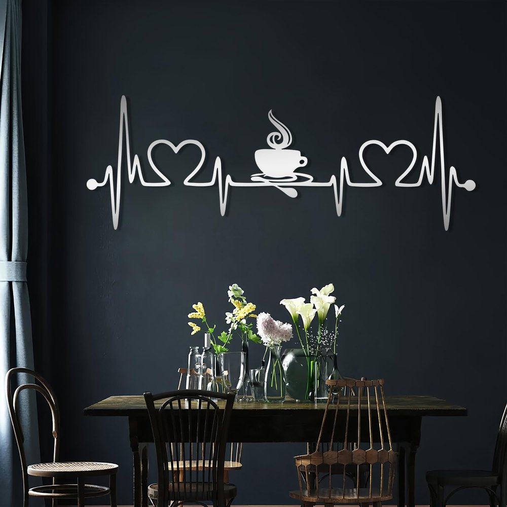 LARNT Coffee Love Metal Wall Decor, Line Heartbeat Wall Art, Coffee Cups Metal Wall Art, Coffee Sign, Dining Room Wall Decor, Kitchen Wall Decor, Dining Table Wall Decor (Silver, 8"x24"|21x60cm)