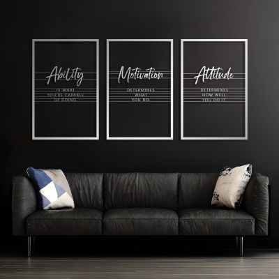 Metal Inspirational Wall Art, Ability Motivation Attitude Metal Wall Art, Motivational Wall Decor, Positive Sayings Wall Decor, Office Decor Wall, Metal Wall Decor for Living Room (Silver, 83"x41" | 210x105cm)