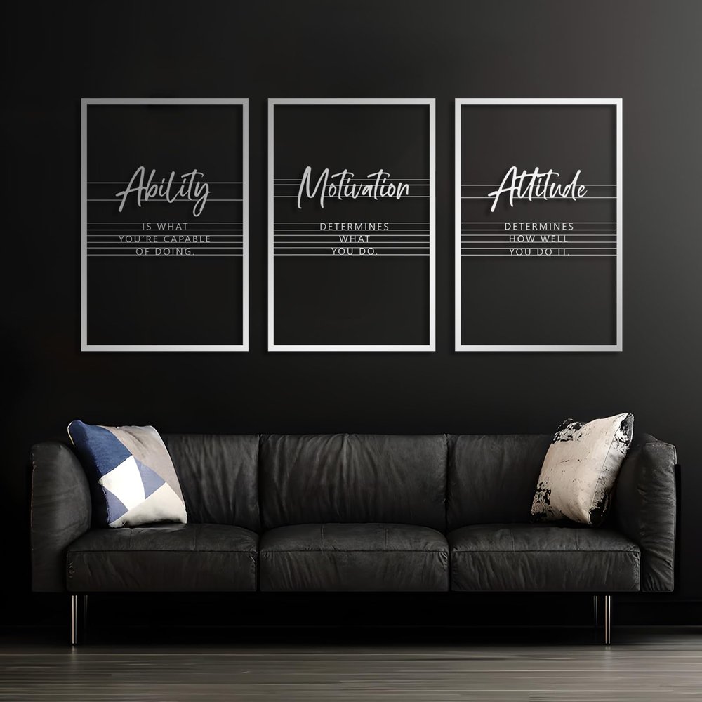 Metal Inspirational Wall Art, Ability Motivation Attitude Metal Wall Art, Motivational Wall Decor, Positive Sayings Wall Decor, Office Decor Wall, Metal Wall Decor for Living Room (Silver, 83"x41" | 210x105cm)