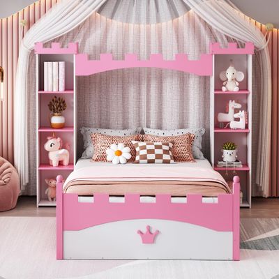 SOFTSEA Twin Size Princess Bed with Storage Shelves, Castle Shaped Bed for Kids, Twin Size Bed Frame for Girls, Kids Twin Bed Frame, No Box Spring Needed, White