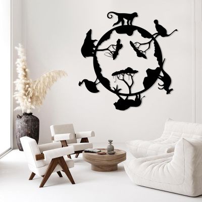 Animal Kingdom Metal Decor, Safari Animals Metal Wall Decor, Tree and Animals Wall Art, World Wall Art, Wildlife Wall Art, Wildlife Silhouette, Gift For Wildlife Lovers, Home Decor (Black, 24"x24"|60x60cm)