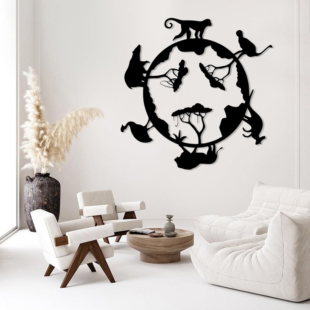 Animal Kingdom Metal Decor, Safari Animals Metal Wall Decor, Tree and Animals Wall Art, World Wall Art, Wildlife Wall Art, Wildlife Silhouette, Gift For Wildlife Lovers, Home Decor (Black, 24"x24"|60x60cm)