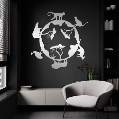 Animal Kingdom Metal Decor, Safari Animals Metal Wall Decor, Tree and Animals Wall Art, World Wall Art, Wildlife Wall Art, Wildlife Silhouette, Gift For Wildlife Lovers, Home Decor (Silver, 39"x39"|100x100cm)