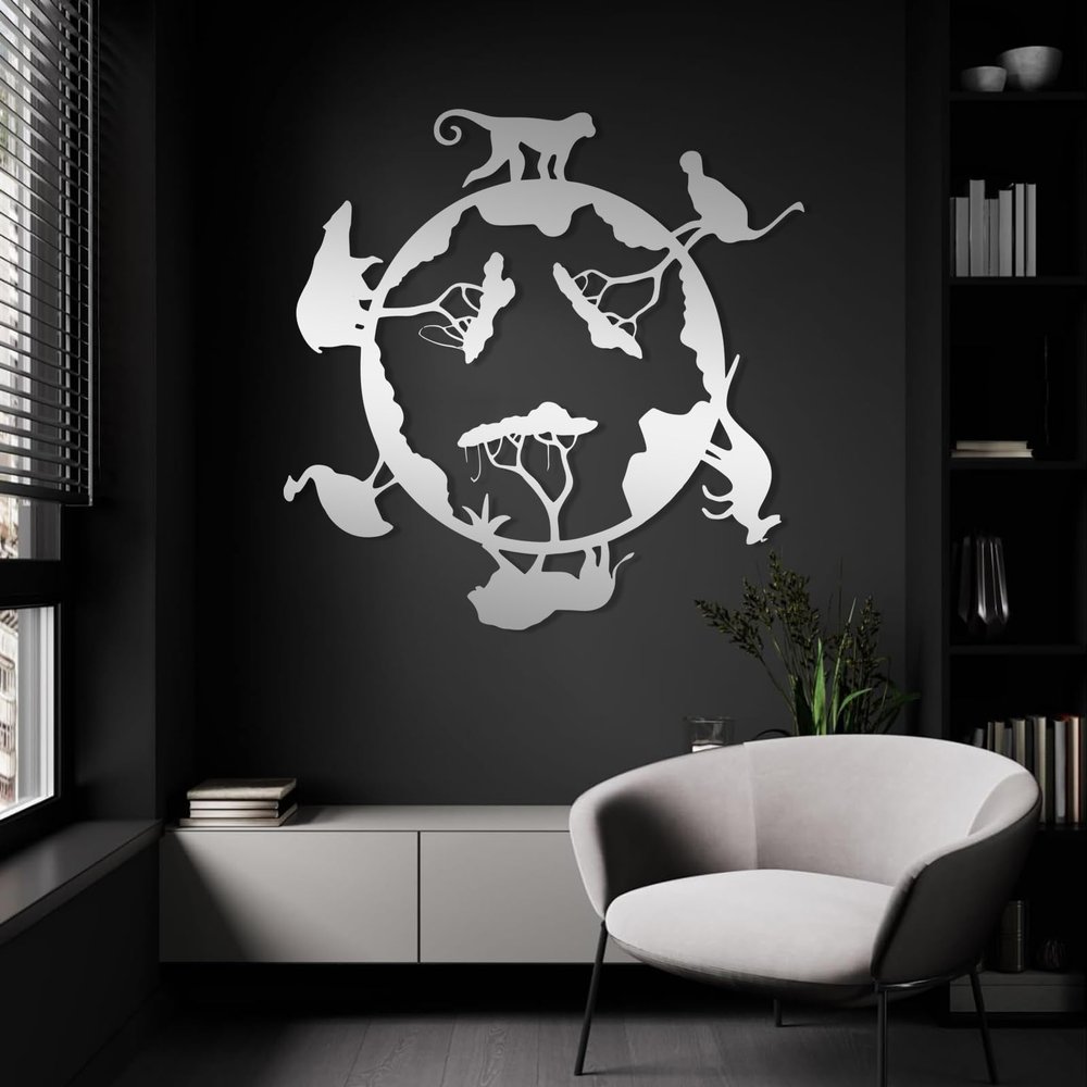 Animal Kingdom Metal Decor, Safari Animals Metal Wall Decor, Tree and Animals Wall Art, World Wall Art, Wildlife Wall Art, Wildlife Silhouette, Gift For Wildlife Lovers, Home Decor (Silver, 39"x39"|100x100cm)
