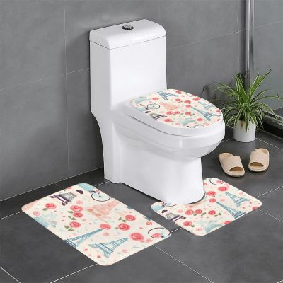YYHWHJDE Three Piece Set Bathroom Rug : Water Absorbent Dry Fast Bathroom Floor Mats,Non-Slip, Durable,Does Easy to Clean Romantic Paris Eiffel Tower Bycicle Printing