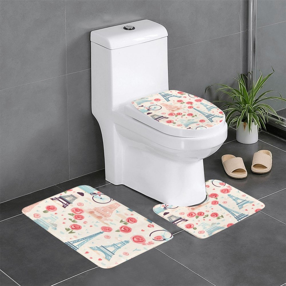 YYHWHJDE Three Piece Set Bathroom Rug : Water Absorbent Dry Fast Bathroom Floor Mats,Non-Slip, Durable,Does Easy to Clean Romantic Paris Eiffel Tower Bycicle Printing