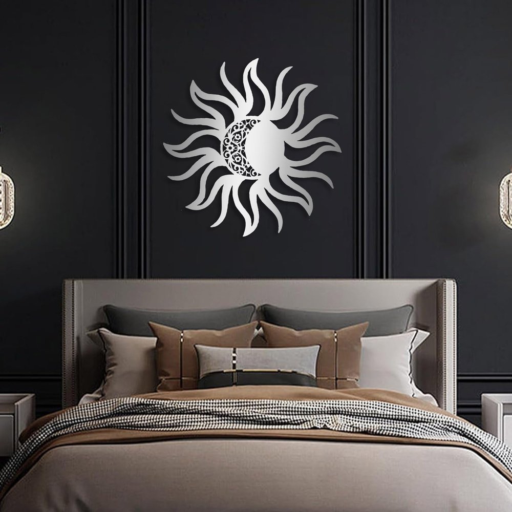 Aportif Sun and Moon Metal Wall Decor, Sun Wall Decor, Moon Metal Wall Art, Nature Decorations, Cutout Artwork, Living Room Decor(Silver, 24"x24" | 60x60 cm)