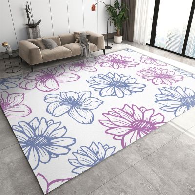 Painted Flowers Area Rug, Simple Blue Pink Flowers Non Slip Carpet, Fade Resistant Easy Clean Rug for Woman Bedside Living Room Bedroom Kitchen Dining Room Decor Floor Mat - 4 ft x 6 ft
