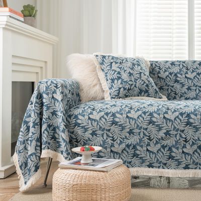 vctops Vintage Jacquard Sofa Covers for Sectional Sofa Leaf Pattern Fringe Couch Cover for Dogs Loveseat Covers Futon Cover L Shaped Cover Washable Couch Protector (Blue Leaf,71"x91")