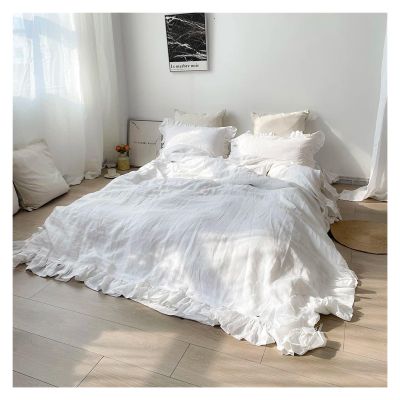 100% Linen Bedding Set Ruffle Duvet Cover and Pillowcases White Flounce Soft Bed Cover Set Queen King Double Size Quilt Cover (One Color Cover 140x210cm 3pcs)