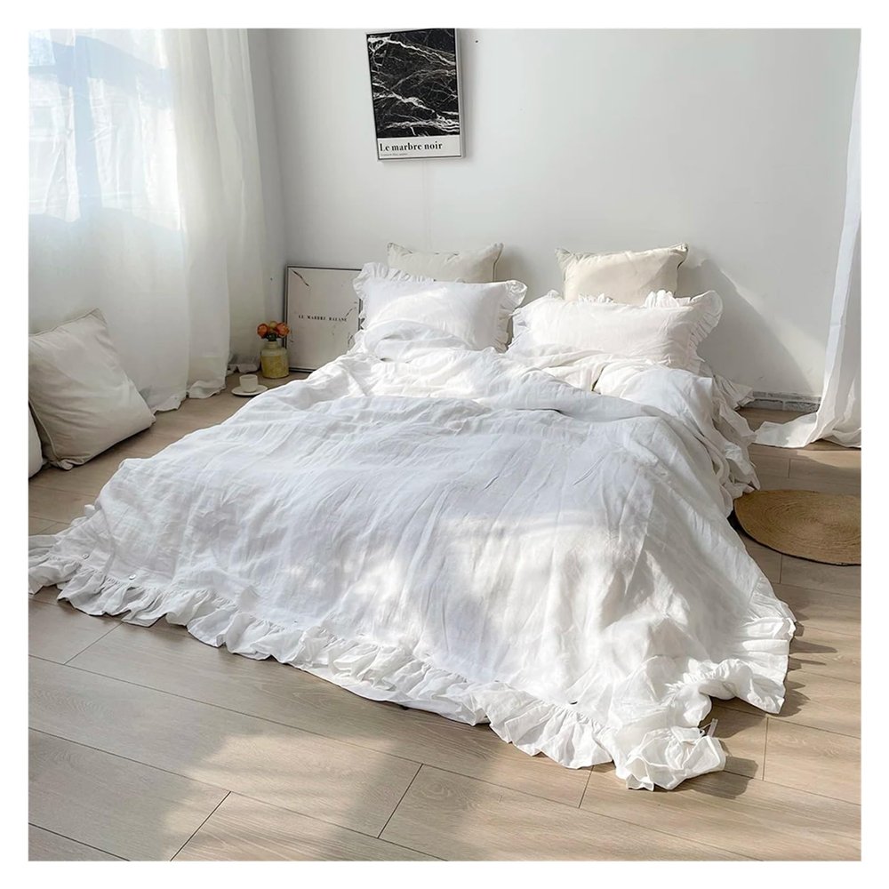 100% Linen Bedding Set Ruffle Duvet Cover and Pillowcases White Flounce Soft Bed Cover Set Queen King Double Size Quilt Cover (One Color Cover 140x210cm 3pcs)