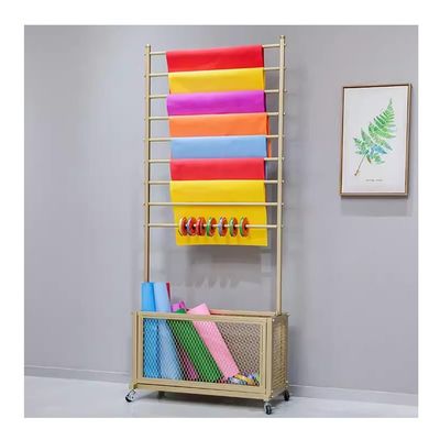 GRRICEPL Freestanding Ribbon Storage Rack Spool Holder Organizer, 9 Tier Metal Scarf Storage Holder, with Removable Movable Crossbar and Metal Shelf Basketr(Gold,90x35x170cm)