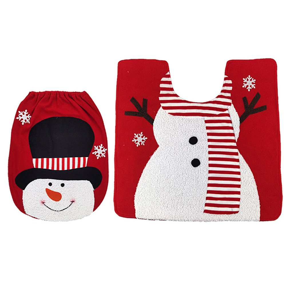 Aurgiarme Christmas Snowman Toilet Seat Cover and Mat Bathroom Set Home Decor Party Accessories