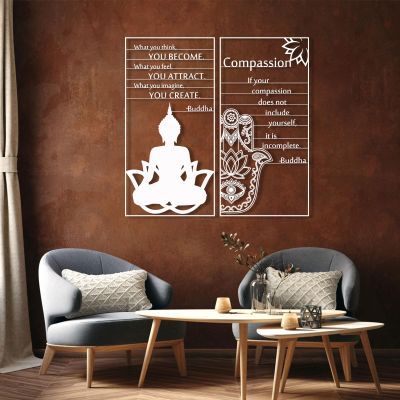 2 Pieces Buddha Quotes Metal Wall Decor, Inspirational Metal Wall Art, Metal Buddha Motivational Wall Art, Buddha Quotes Wall Art for Living Room, Zen Yoga Room Decor, Spiritual Gifts (White, 24 x 24 in / 60 x 60 cm)