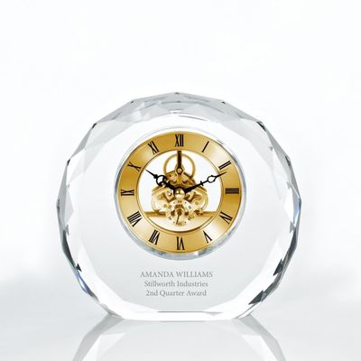 Baudville Engraved Clock Trophy - Gold Executive Crystal - Round Beveled Skeleton