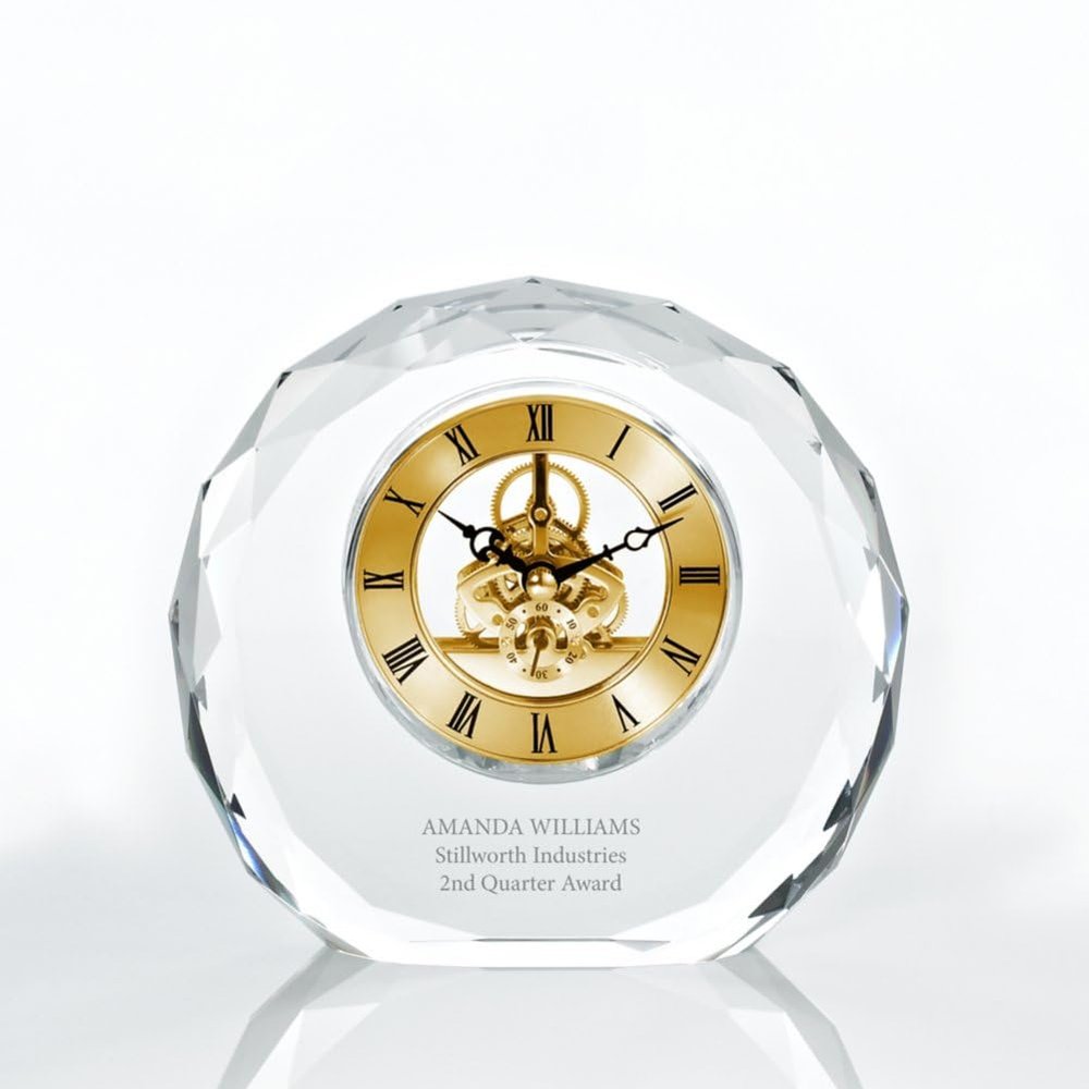 Baudville Engraved Clock Trophy - Gold Executive Crystal - Round Beveled Skeleton