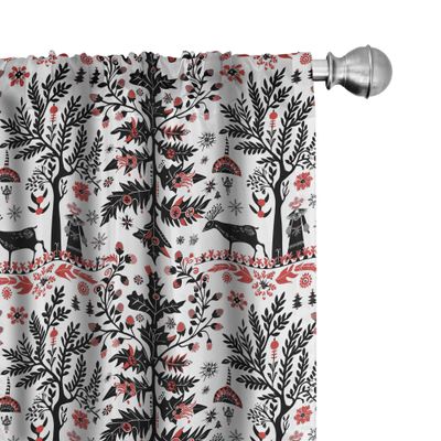 Ambesonne Christmas Window Curtains Pack of 2, Scandinavian Xmas Vibe with Abstract Trees Reindeer and Snowflakes, Lightweight Set with Rod Pocket, 4 Panels of - 28" x 63", Dark Coral Black White