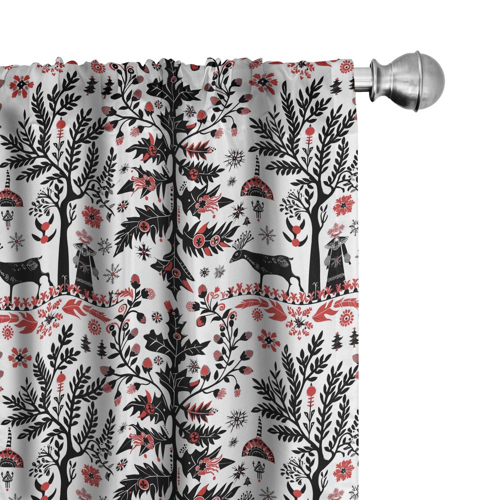 Ambesonne Christmas Window Curtains Pack of 2, Scandinavian Xmas Vibe with Abstract Trees Reindeer and Snowflakes, Lightweight Set with Rod Pocket, 4 Panels of - 28" x 63", Dark Coral Black White