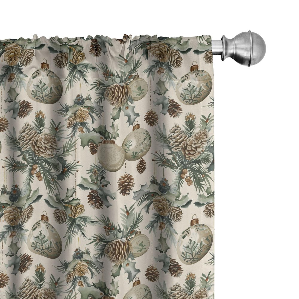 Ambesonne Christmas Window Curtains Pack of 2, Vintage Merry Xmas with Pine Cones Globes and Pine Leaves Illustration, Lightweight Set with Rod Pocket, 4 Panels of - 28" x 63", Brown Green and Blue