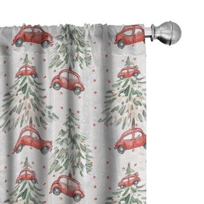 Ambesonne Christmas Window Curtains Pack of 2, Merry Xmas Season Theme Beetle Car and Pine Trees Snowy Day, Lightweight Set with Rod Pocket, 4 Panels of - 28" x 63", Pale Grey Hot Pink and Green