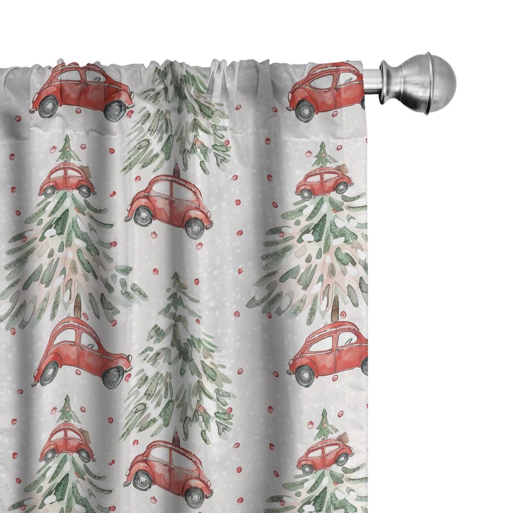 Ambesonne Christmas Window Curtains Pack of 2, Merry Xmas Season Theme Beetle Car and Pine Trees Snowy Day, Lightweight Set with Rod Pocket, 4 Panels of - 28" x 63", Pale Grey Hot Pink and Green