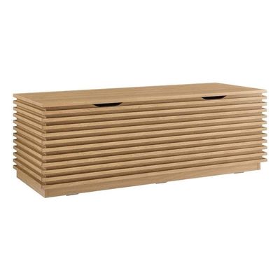 Pemberly Row Storage Bench, 47 in Particleboard and Laminate, Oak Finish, Hinged Top with Safety Cutouts, Mid-Century Style, Living Room, Bedroom, Entryway or Mudroom Storage