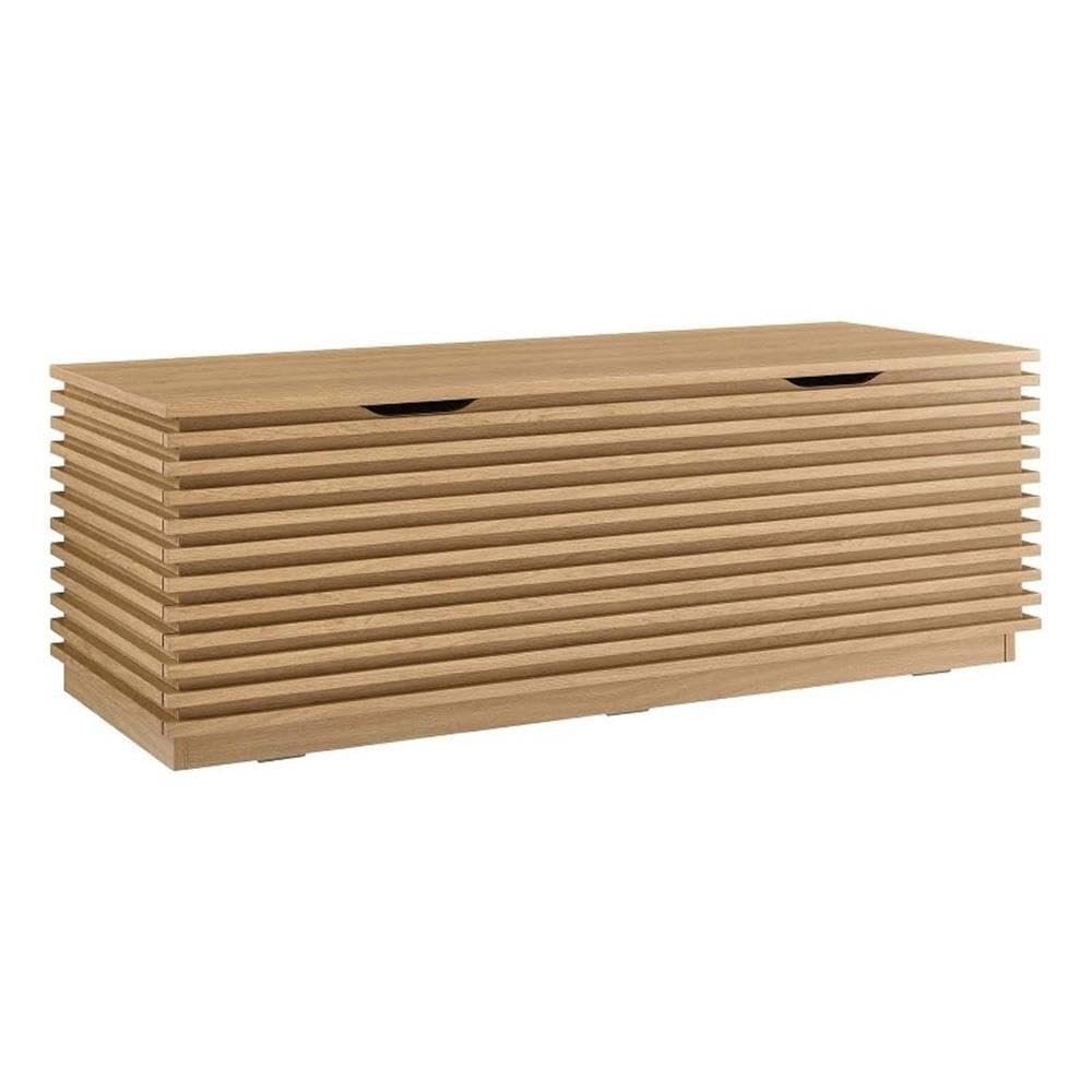 Pemberly Row Storage Bench, 47 in Particleboard and Laminate, Oak Finish, Hinged Top with Safety Cutouts, Mid-Century Style, Living Room, Bedroom, Entryway or Mudroom Storage