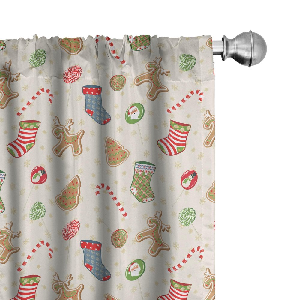 Ambesonne Christmas Window Curtains Pack of 2, Traditional Sweets of Xmas Party Gingerbread Cookies Lollipop Candies with Socks, Lightweight Set with Rod Pocket, 4 Panels of - 28" x 63", Beige Red