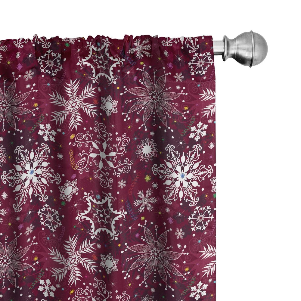 Ambesonne Winter Window Curtains Pack of 2, Floral Flakes with Colorful Swirls Dots and Stars Xmas Party, Lightweight Set with Rod Pocket, 4 Panels of - 28" x 84", Maroon White