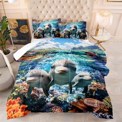 AILONEN Cute Dolphin Comforter Set Twin Size,Ocean Dolphin Bedding Set,Tropic Sea Coral Beach Comforter Set 3 Piece,Boys Girls Kids Comforter with 2 Pillowcases