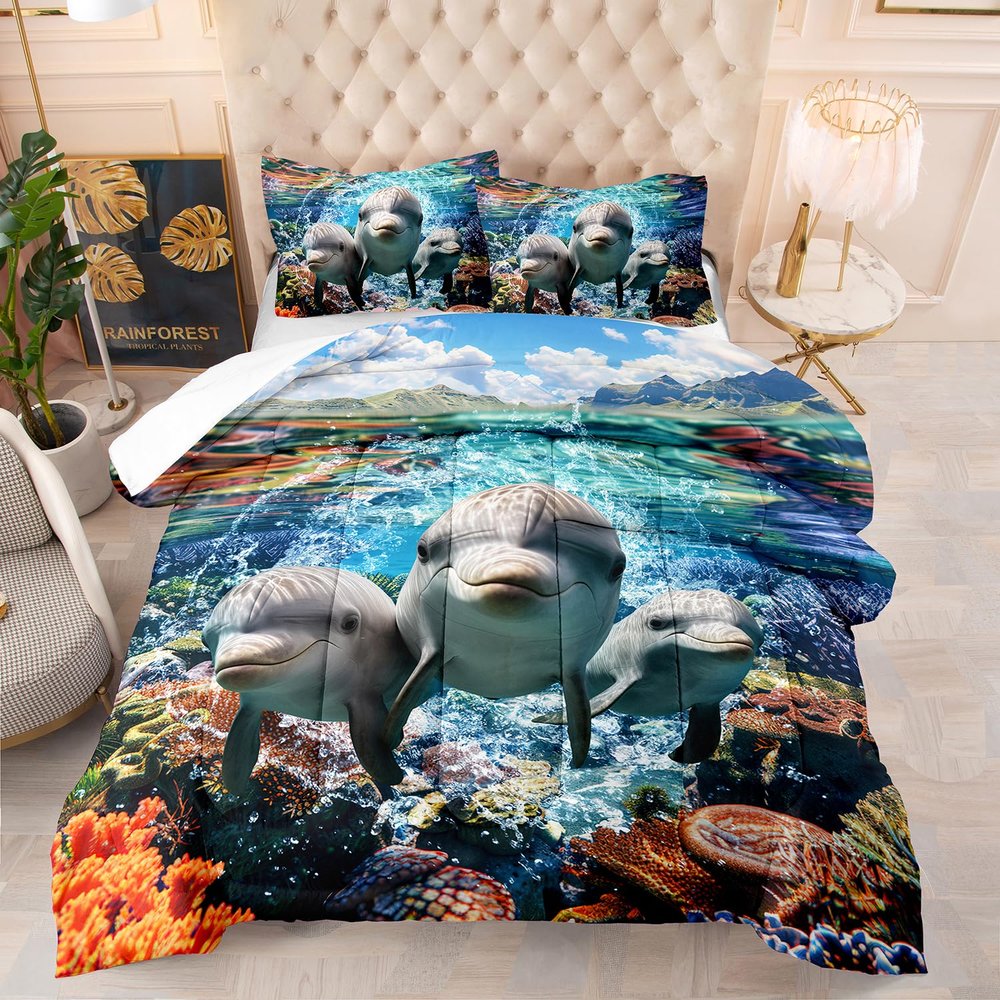 AILONEN Cute Dolphin Comforter Set Twin Size,Ocean Dolphin Bedding Set,Tropic Sea Coral Beach Comforter Set 3 Piece,Boys Girls Kids Comforter with 2 Pillowcases