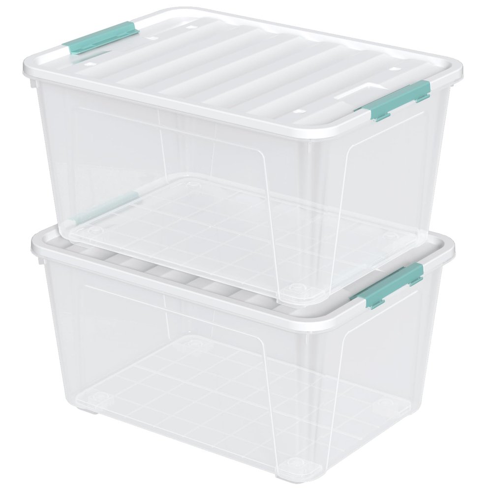 Ewingger 85 Quart Clear Plastic Storage Bins with Wheels, Large Latching Box with Lid, 2-Pack