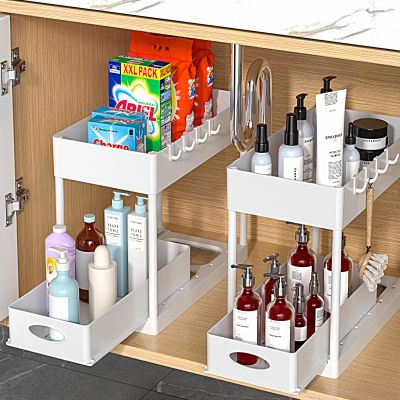 2 Set Under Sink Cabinet Organizer, 2 Tier Storage Under Cabinet Bathroom Under Sink Organizers and Storage Black Under Sink Storage for Bathroom Kitchen (White 2Pack)