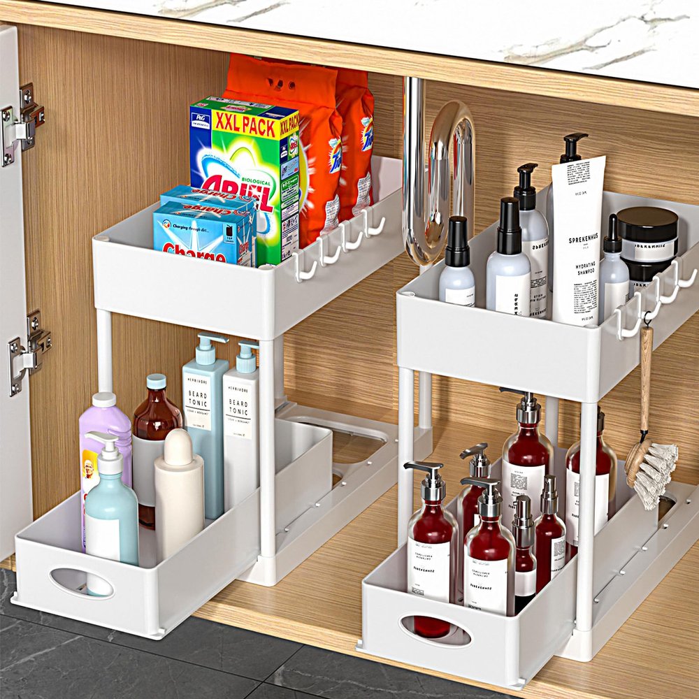 2 Set Under Sink Cabinet Organizer, 2 Tier Storage Under Cabinet Bathroom Under Sink Organizers and Storage Black Under Sink Storage for Bathroom Kitchen (White 2Pack)