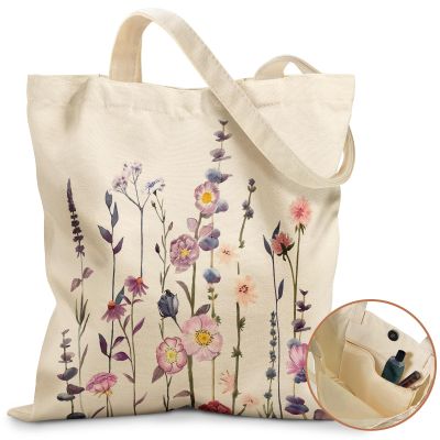 Miss Adola Aesthetic Flora Tote Bag for Women - with Magnetic Buckle and Zipper Inner Pocket for Lady Cloth Cotton Tote Bag for Gym, Work, Travel, Library, Shopping,Purple Flower